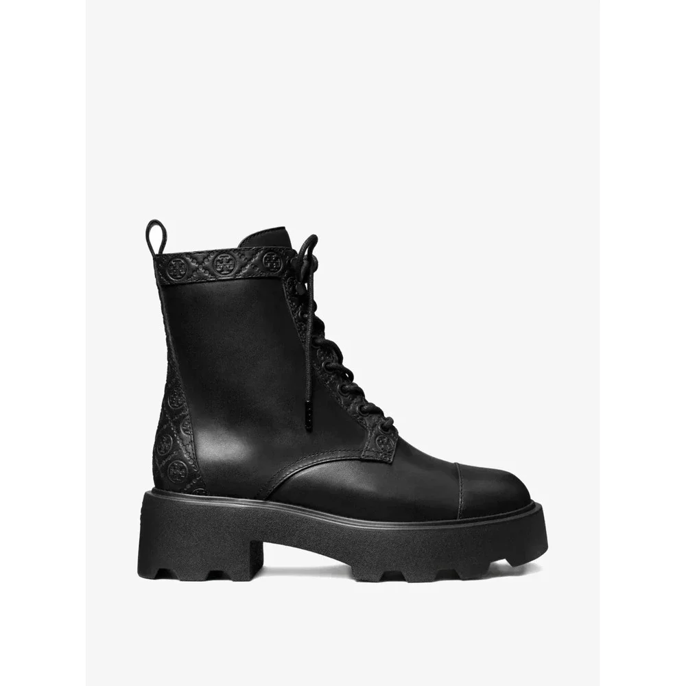 NEW Tory Burch Lug Ankle Boot Womens 9 Black T Monogram Vachetta Leather 178112